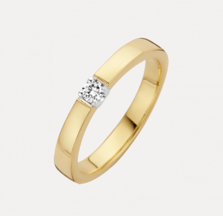14 KARAAT BICOLOR GEEL- MET WITGOUDEN MEMOIRE RING MET 1 BRILJANT VAN 0.05 CARAAT PER STUK. 
1 prachtige briljant in de MEMOIRE ring, draagbaar elegant en schitterend, door de lage zetting bijna onverwoestbaar, heel mooi alleen te dragen of in combinatie met aanschuifringen. Je kunt je memoire ring completeren door er een set van te maken met hanger, half-creool, creool en zelfs een armband.